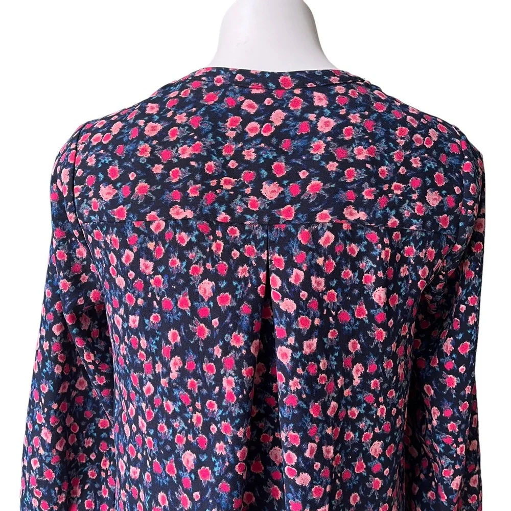 J. Crew Open V-Neck Top Dotted Floral Small Blue Pink Crepe Long Sleeve, Sz XS - Picture 10 of 13